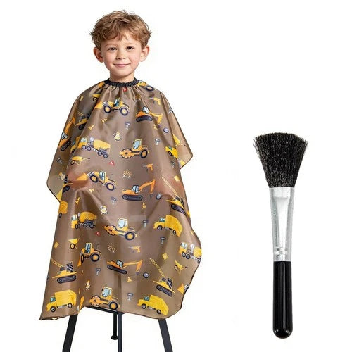 Kids Haircut Cape and Neck Duster Brush Set with Construction Brown