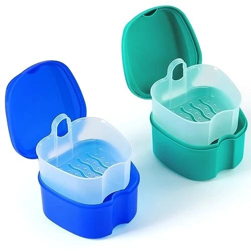 2Pcs Denture Bath Case Denture Cup for Soaking Dentures with Strainer Basket