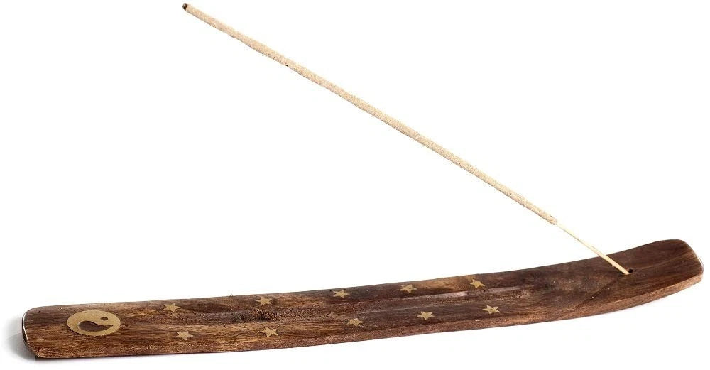 Wooden Incense Holder for Sticks with Inlays of Brass 10 inches Long Assorted