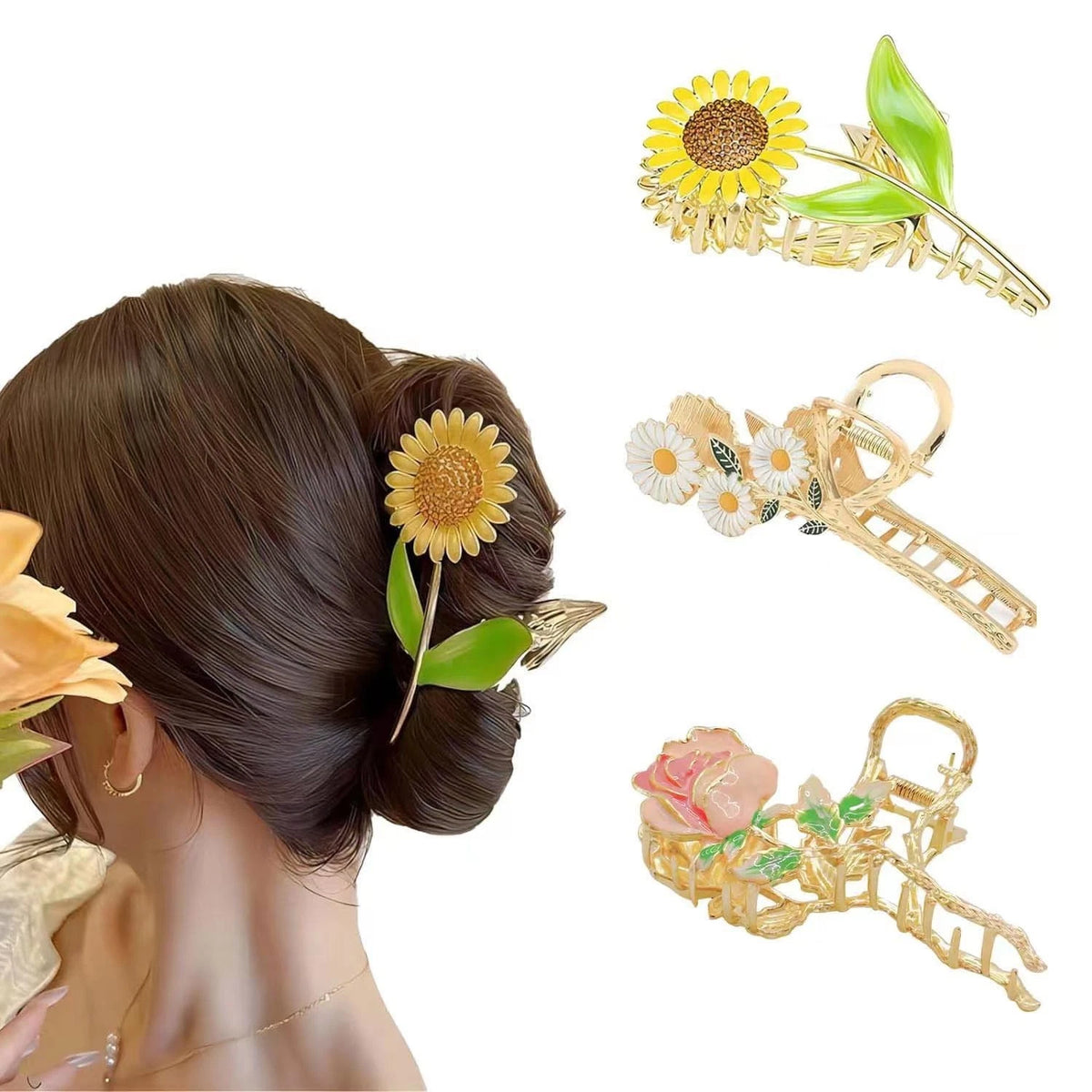 3 Pcs Metal Flower Claw Clip Set - Rose, Daisy, and Sunflower Large Hair Clips f