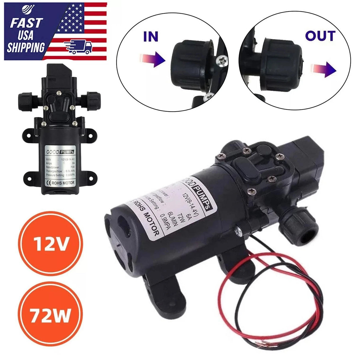 12V Self-Priming Diaphragm Water Pump - 1.2 GPM, Adjustable Pressure Switch