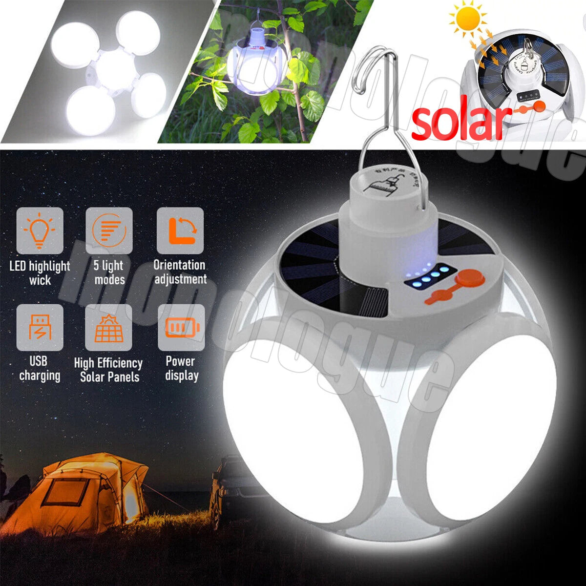 Waterproof Solar LED Torch USB Rechargeable Night Light Camping Lamp Emergency