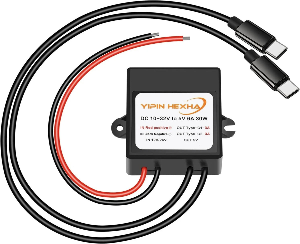DC 12V/24V to 5V 6A 30W Dual Type-C USB C Converter DC-DC Buck Charging Module E