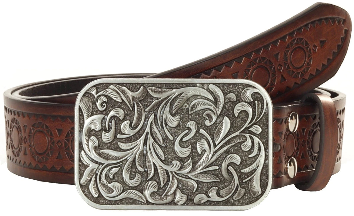 Western-Leather-Belts for Women Turquoise-Oval-Buckle Embossed Cowgirl Belt for