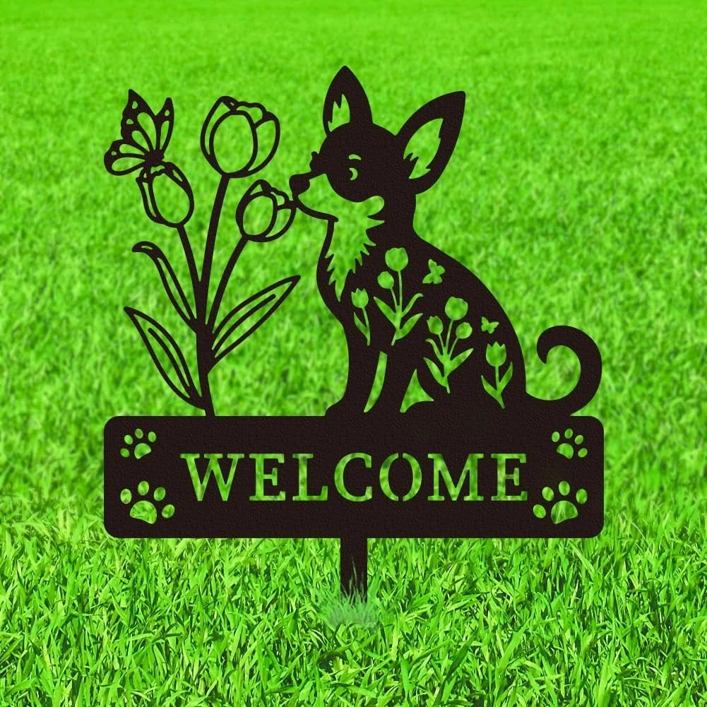 Dog Welcome Metal Decorative Garden Stakes, Chihuahua Flower Dog Gifts for Wo...