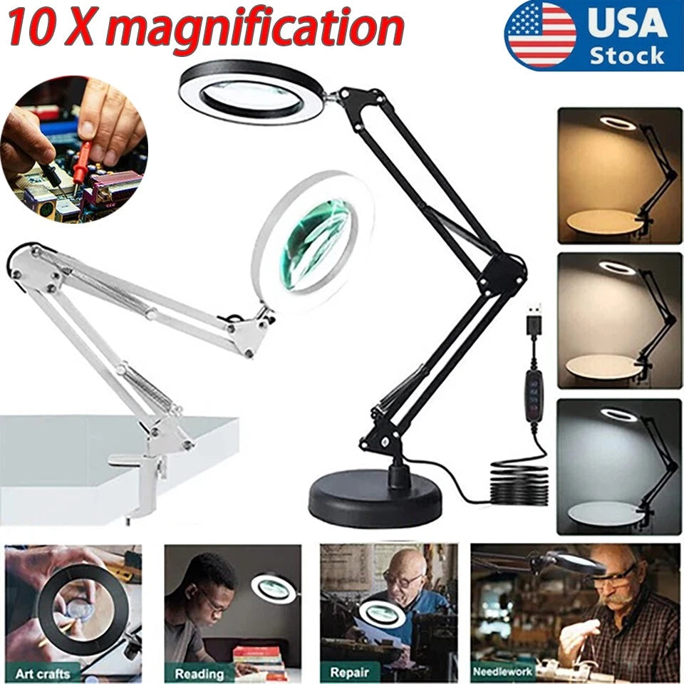 10X Magnifying Glass LED Desk Lamp With Base and Clamp forJewelry Making/Reading