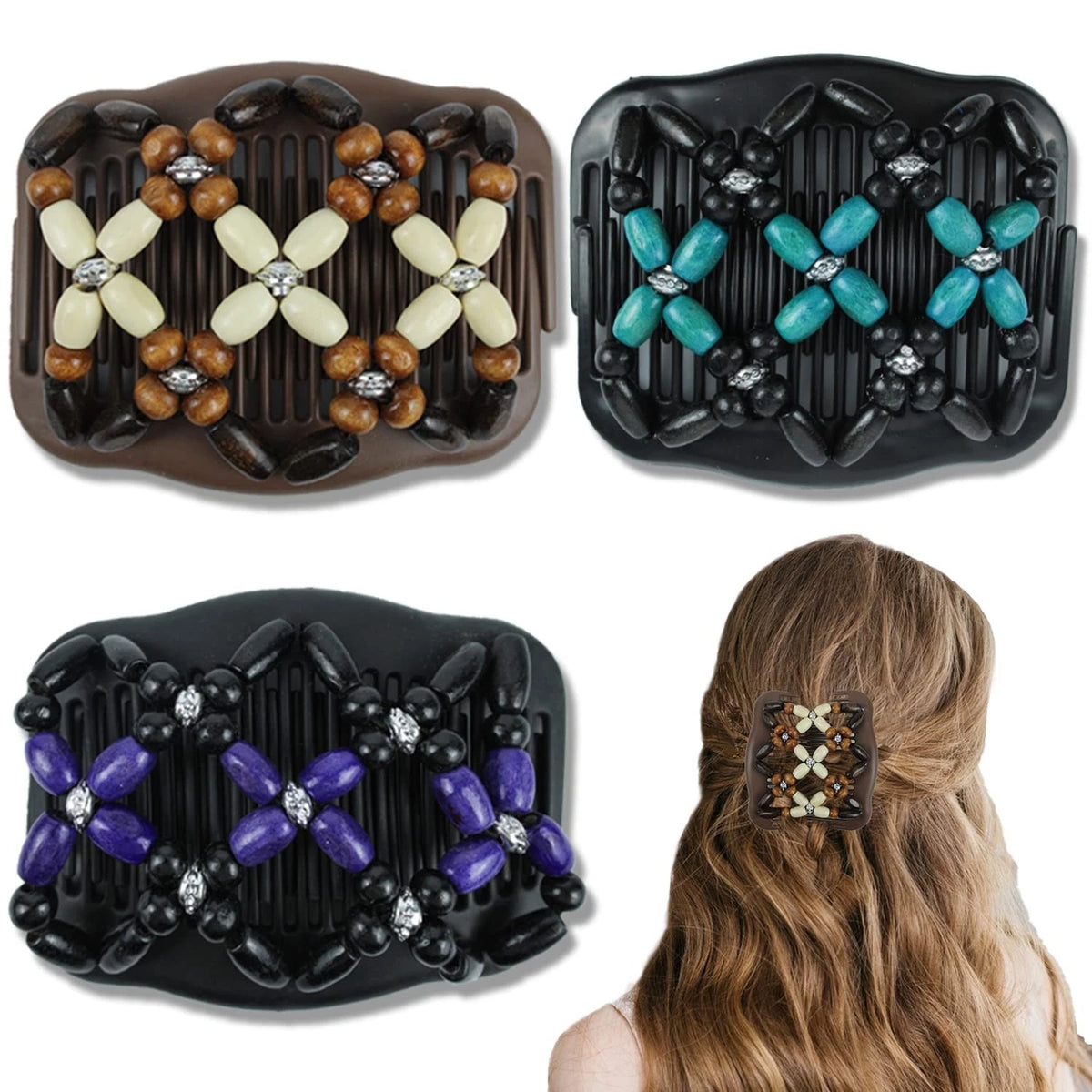 Beaded Hair Combs Elastic Double Hair Clips Bun Maker for Women, 3 Pcs