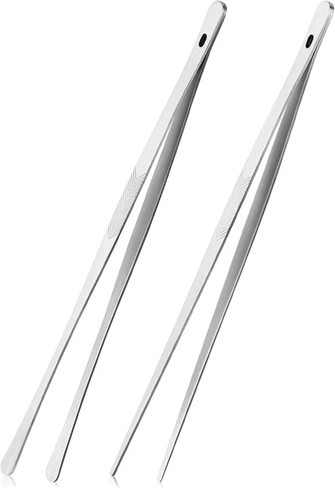 2 Pcs Kitchen Tweezer 12 inch Straight & Round Tip Set Long Food Tongs Chef DIY Tool