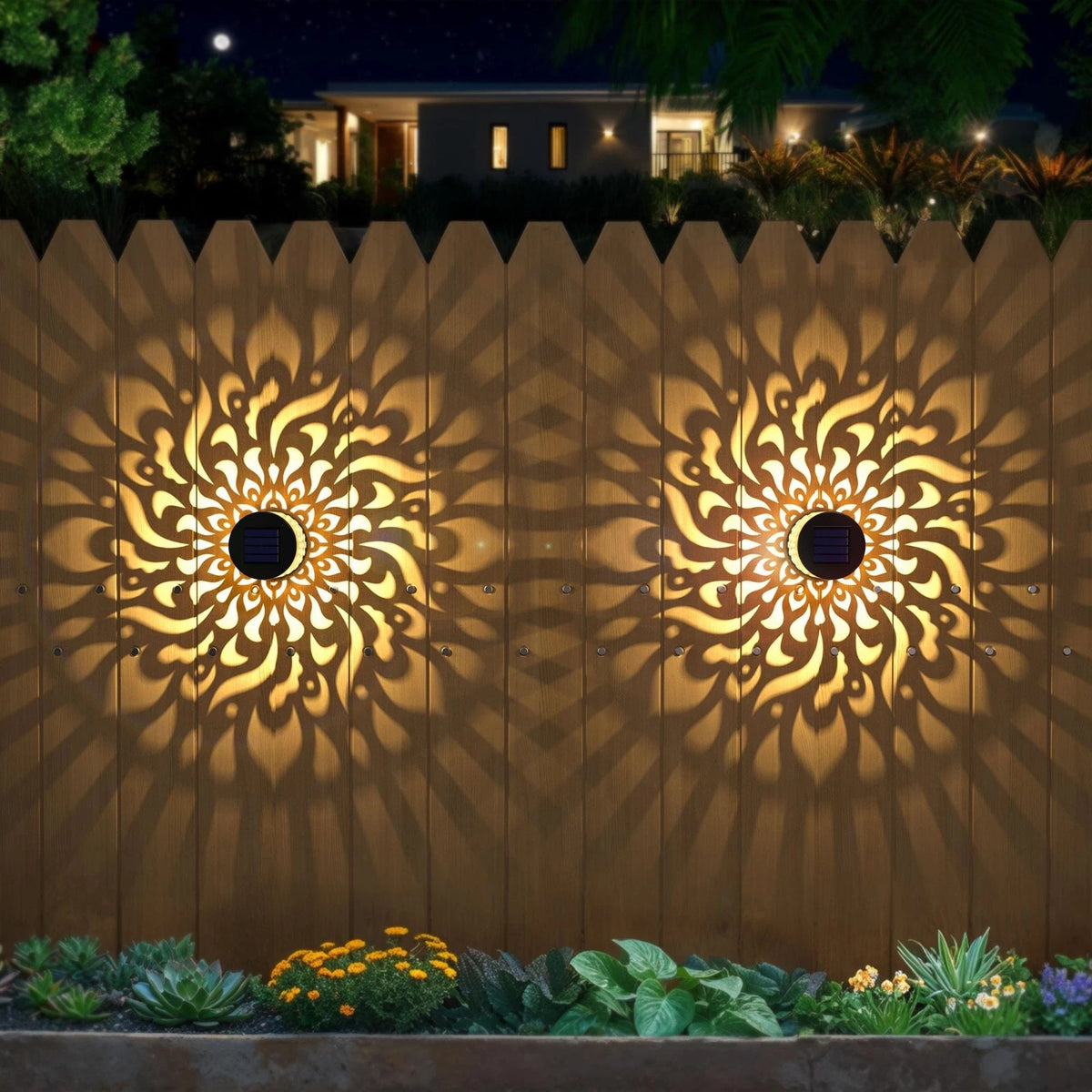 2 Pack Solar Fence Lights Metal Powered Outdoor Wall 2 Pack, Mandala-c