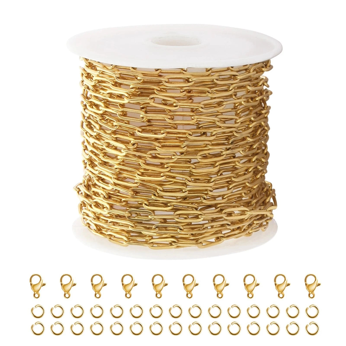 5M Gold PVD Necklace Chain Roll 304 Stainless Steel Paperclip Chain Kit