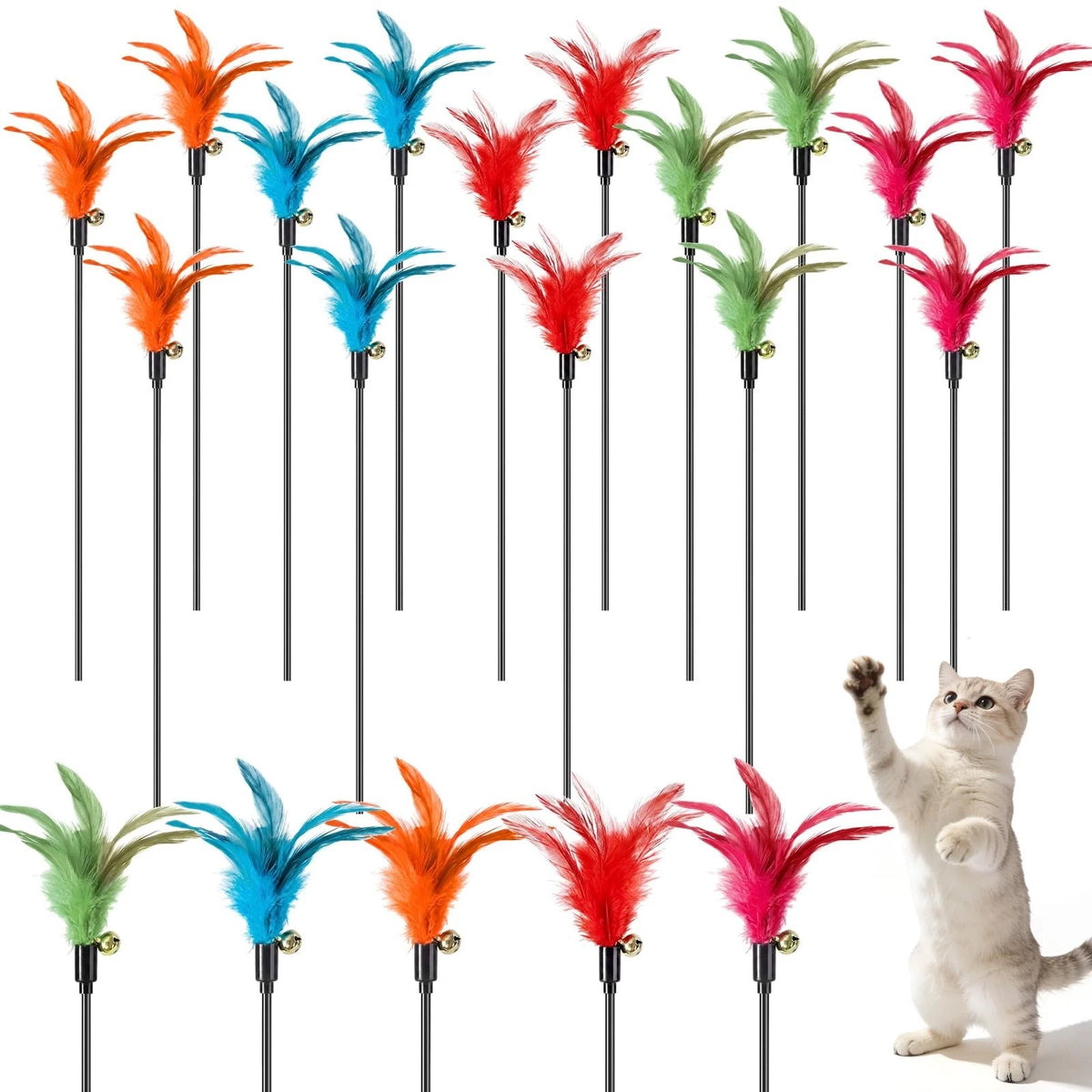 15 Pcs Cat Wand Toy Feather Stick Cat Toy Bulk Feather Toys and Teaser Wand B...