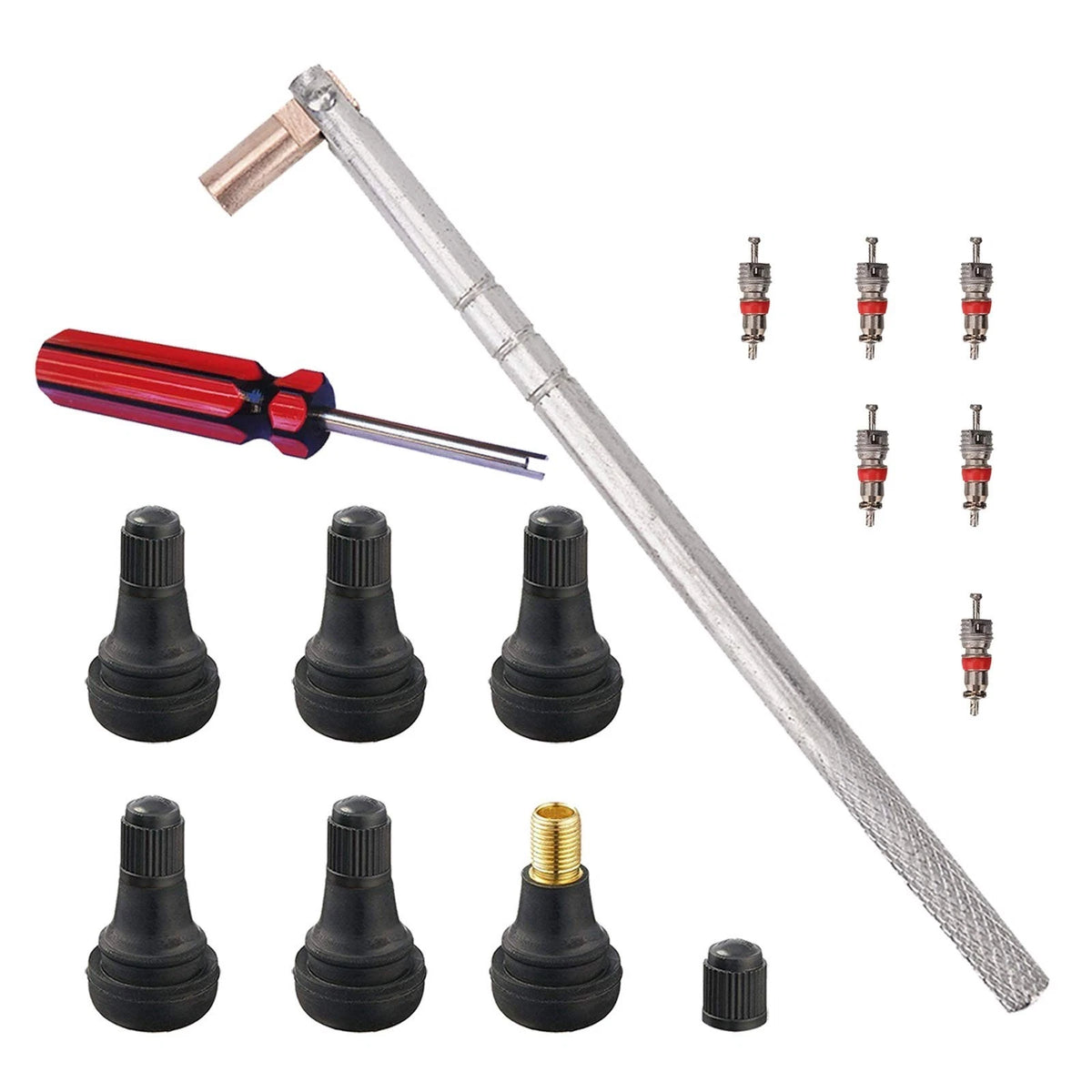 Tire Valve Stem Puller Tool Set with 6 TR412 Stems for Cars, Bikes, ATVs & Truck