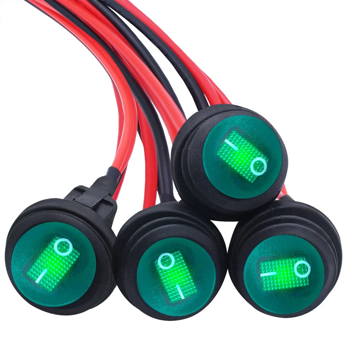 4Pcs 12V Waterproof Rocker Switch with Green LED Light and Detachable Wires