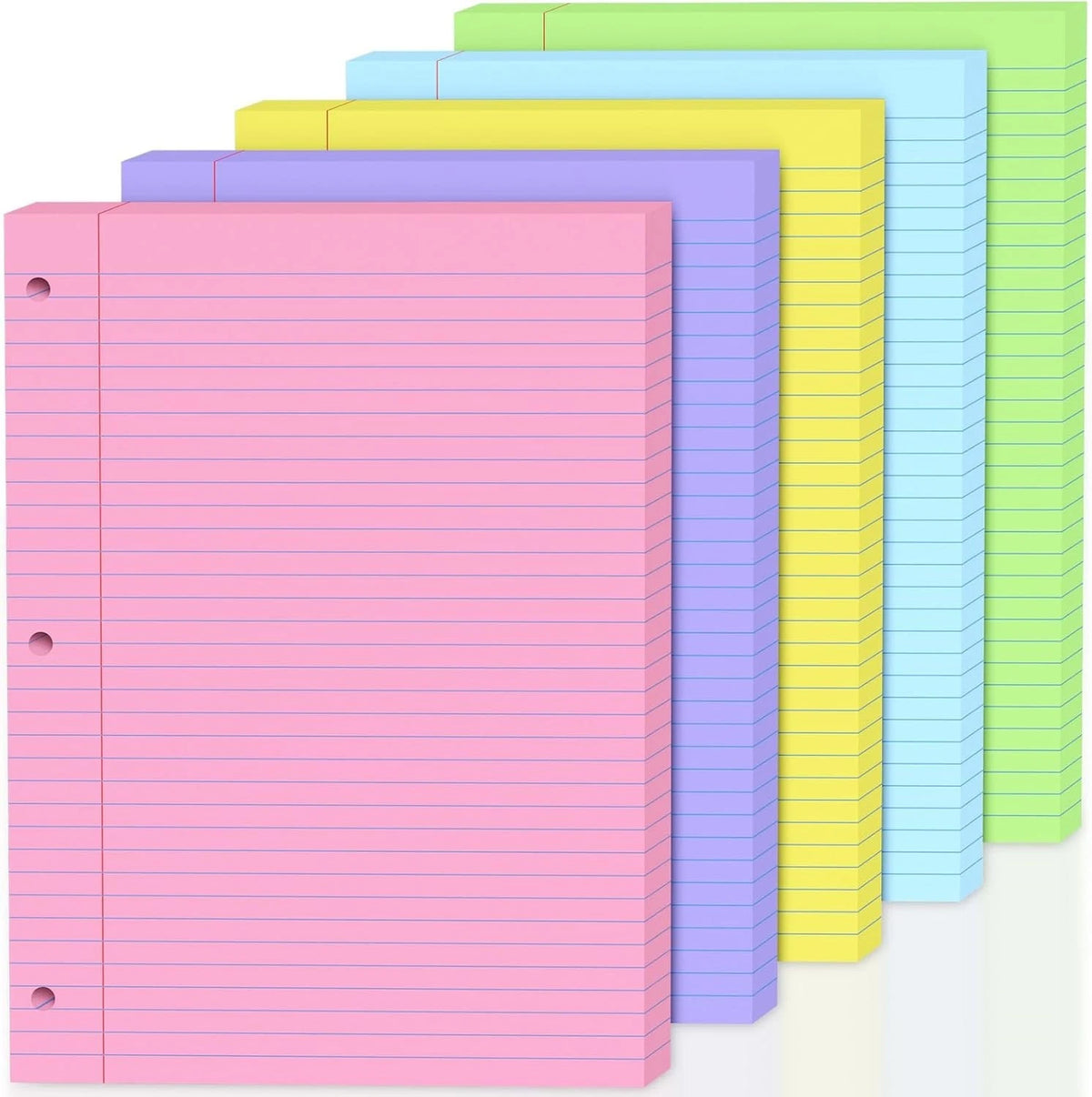 100 Sheets Colored 8X10.5 Inch Loose Leaf Paper, 5 Colored College Ruled 3 Hole