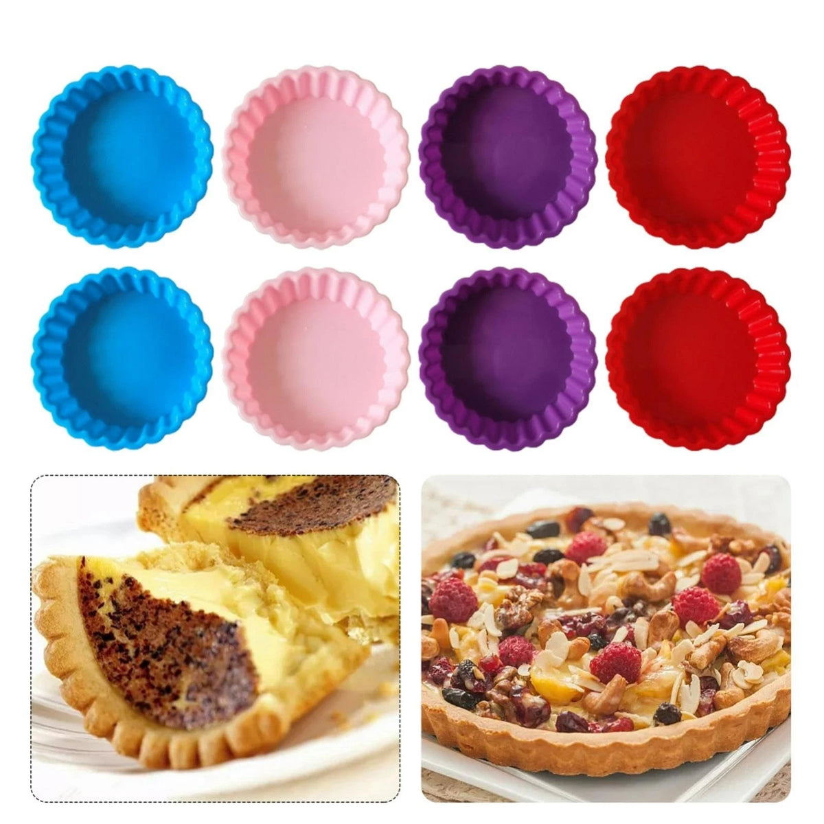 8 pcs Silicone Tart and Pie Molds, 4 Inch Fluted Mini Tart Mould Round Nonsti...