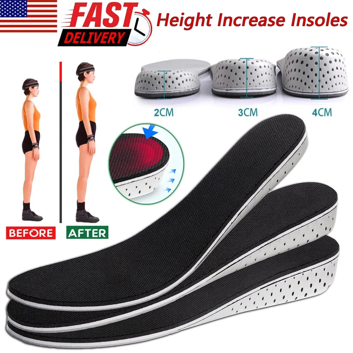 Invisible Height Increase Insoles for Men and Women Comfort Foot Pad US Sizes