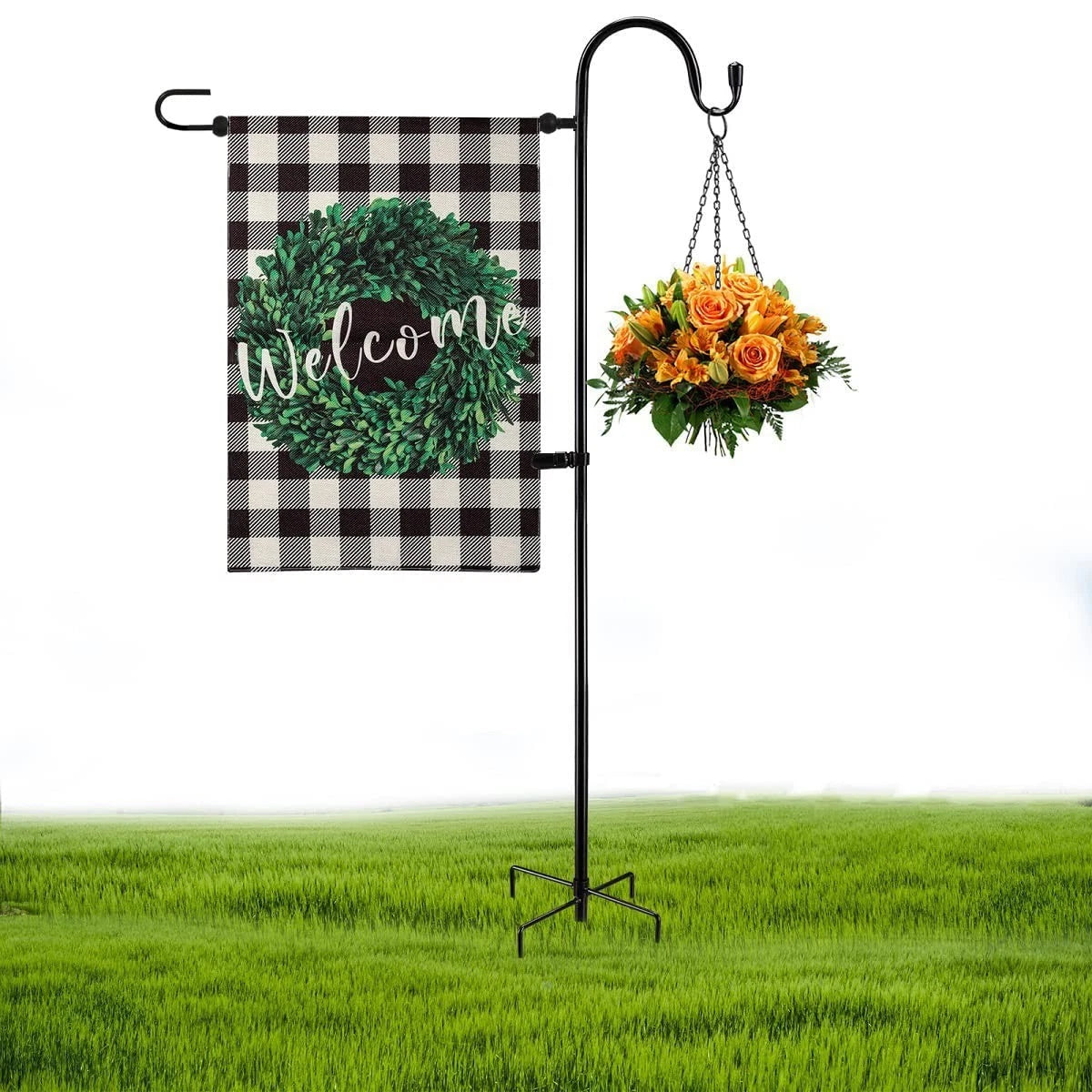Garden Flag Holder Stand and Shepherds Hooks, 48 Inch Height with 1/2 Inch Thick