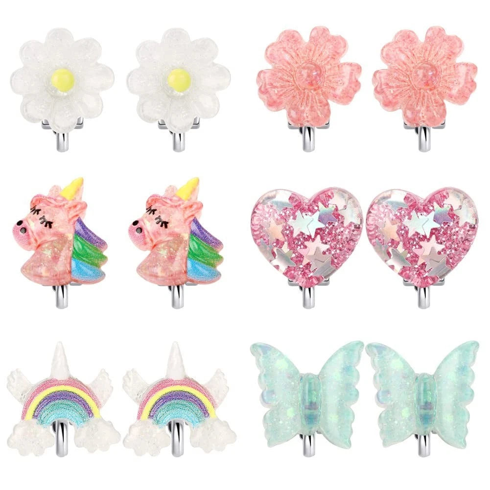 6Pairs Crystal Unicorn Clip On Earrings for Little Girls, Rainbow Clip-on Jewelr