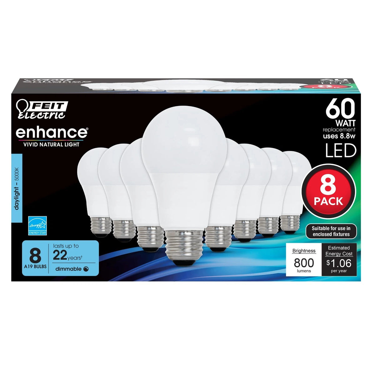 Feit Electric A19 LED Light Bulbs, 60W A19-60W (8 Pack), 5000k Daylight White