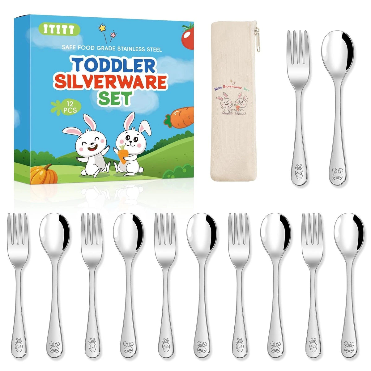 12 Pieces Stainless Steel Toddler Utensils Set - Food Grade Kids Silverware Set