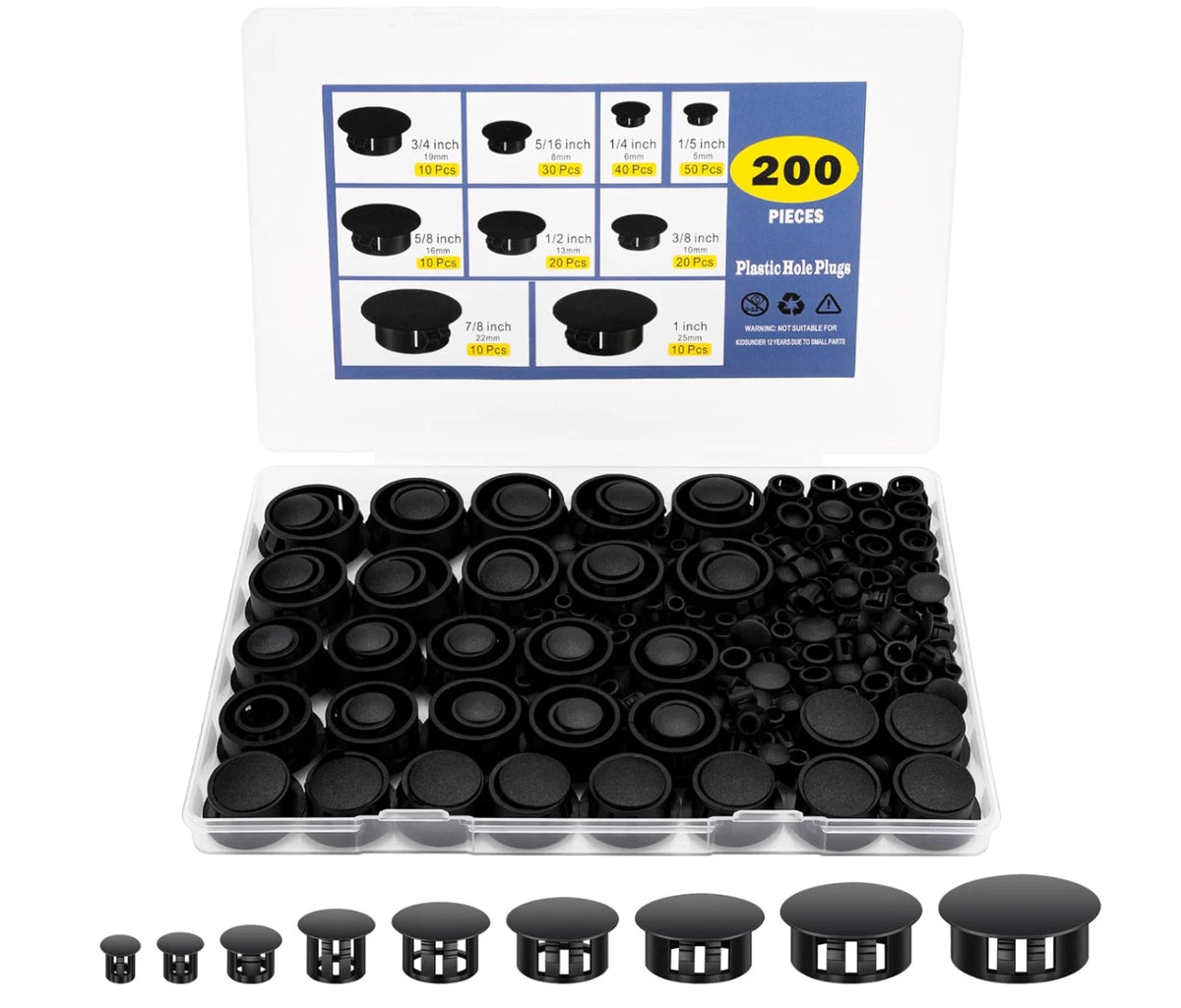 Plastic Hole Plug Set Black 200Pcs 9 Sizes Round Cap Cover Nylon Screw Cabinet..