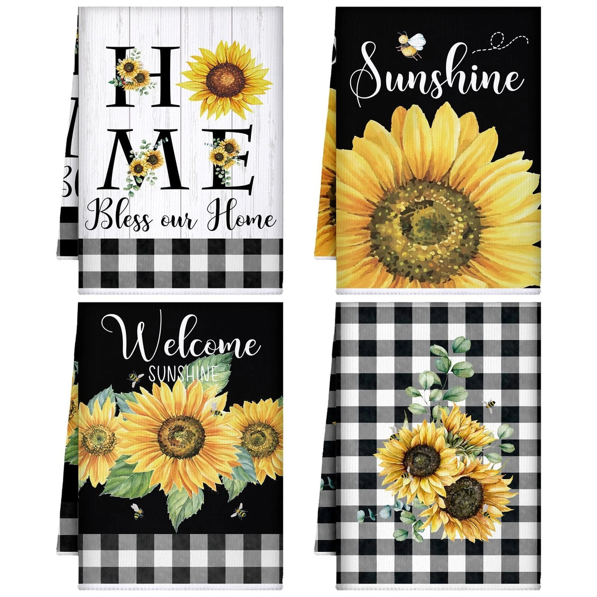 4 Pcs Sunflower Kitchen Towels Black and White Buffalo Plaid Flower Floral Hand