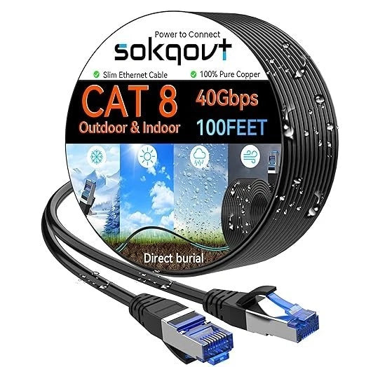 Cat 8 Ethernet Cable Slim 100Ft Outdoor&Indoor, Pure Copper Cat8 Internet Cable