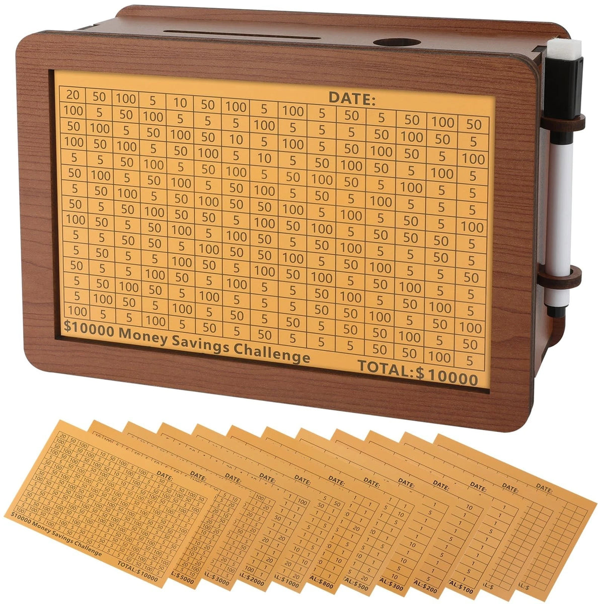 Wooden Cash Money Saving Box,Piggy Bank for Kids & Adults,10000 Savings Challeng