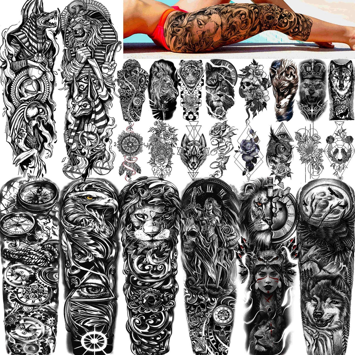 24 Sheets Cool Super Large Full Arm Temporary Tattoo Sleeve for Men with 8 Sheet