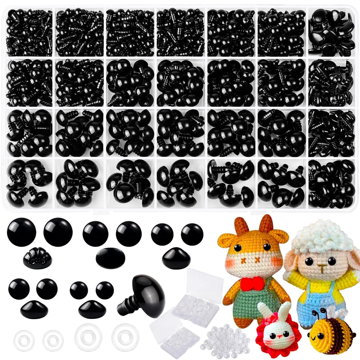 1000 Pcs 6-14mm Safety Eyes and Noses for Crocheting, Black Plastic Safety Eyes