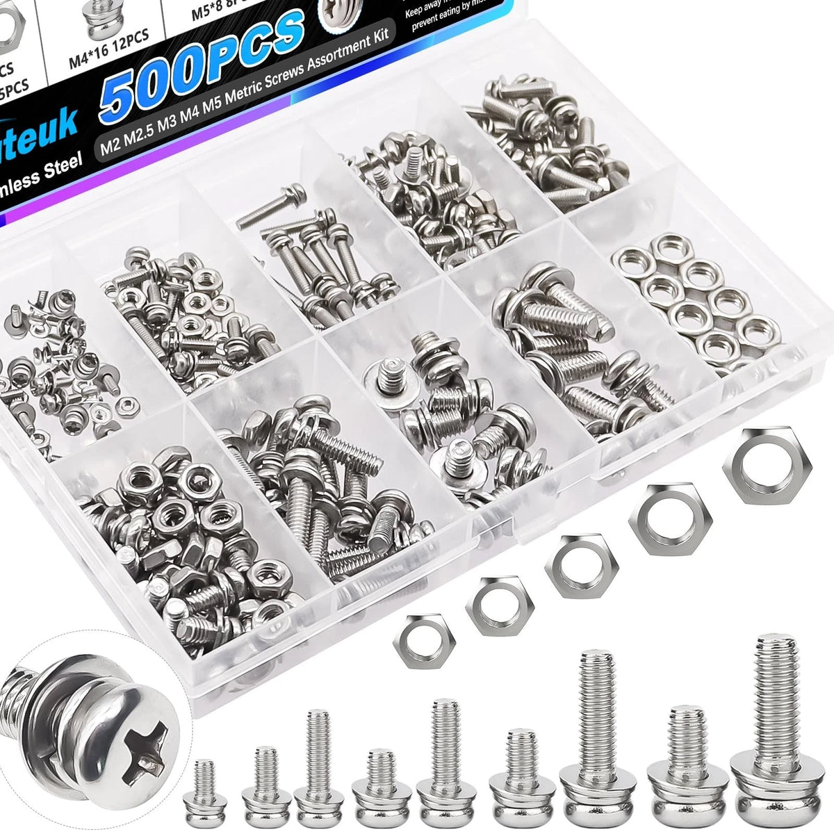 500PCS Small Nut and Bolt Assortment Kit,M2 M2.5 M3 M4 M5 Metric Machine Screws,