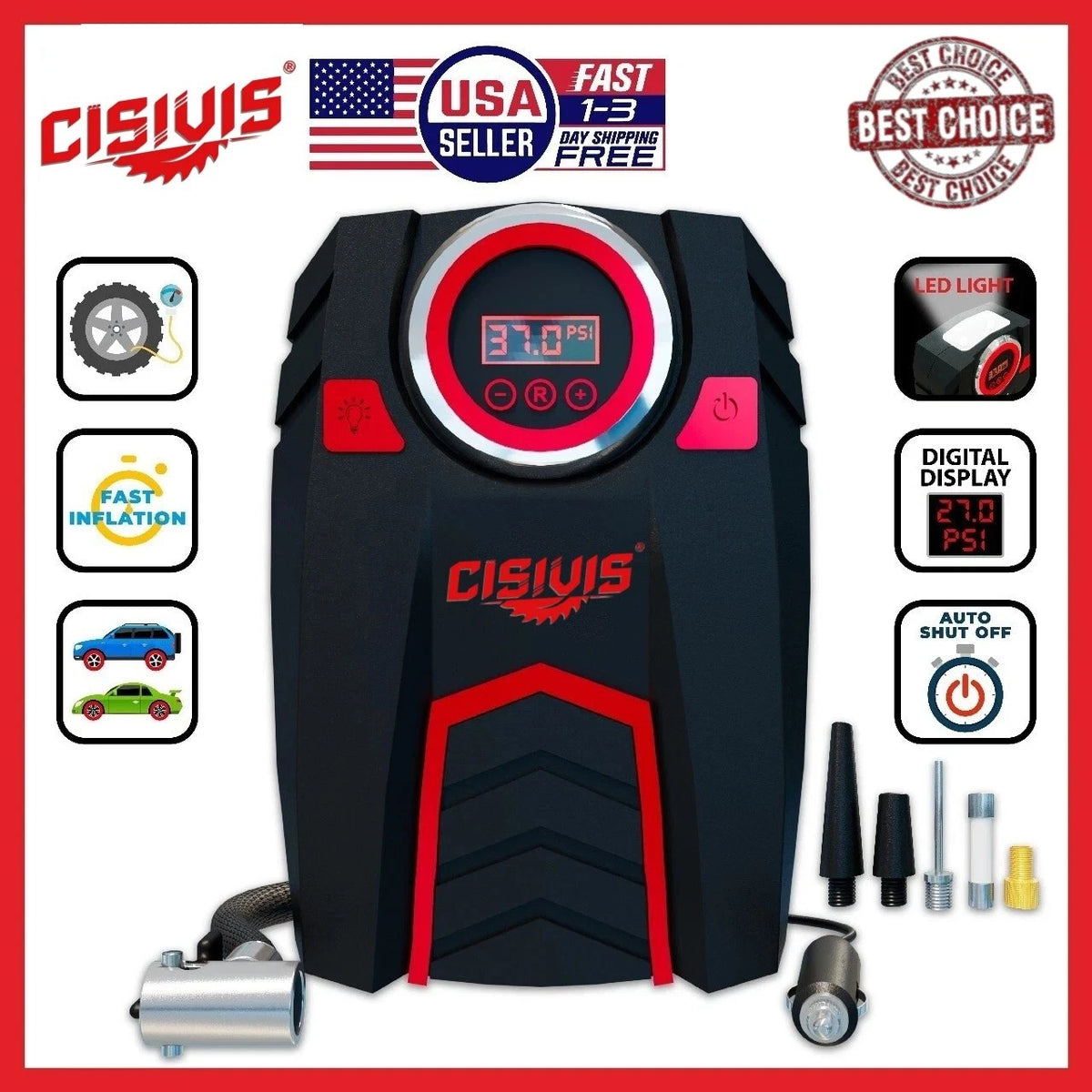 Portable 150 PSI Air Compressor Tire Inflator Fits Car Moto Bike Tires Air Pump