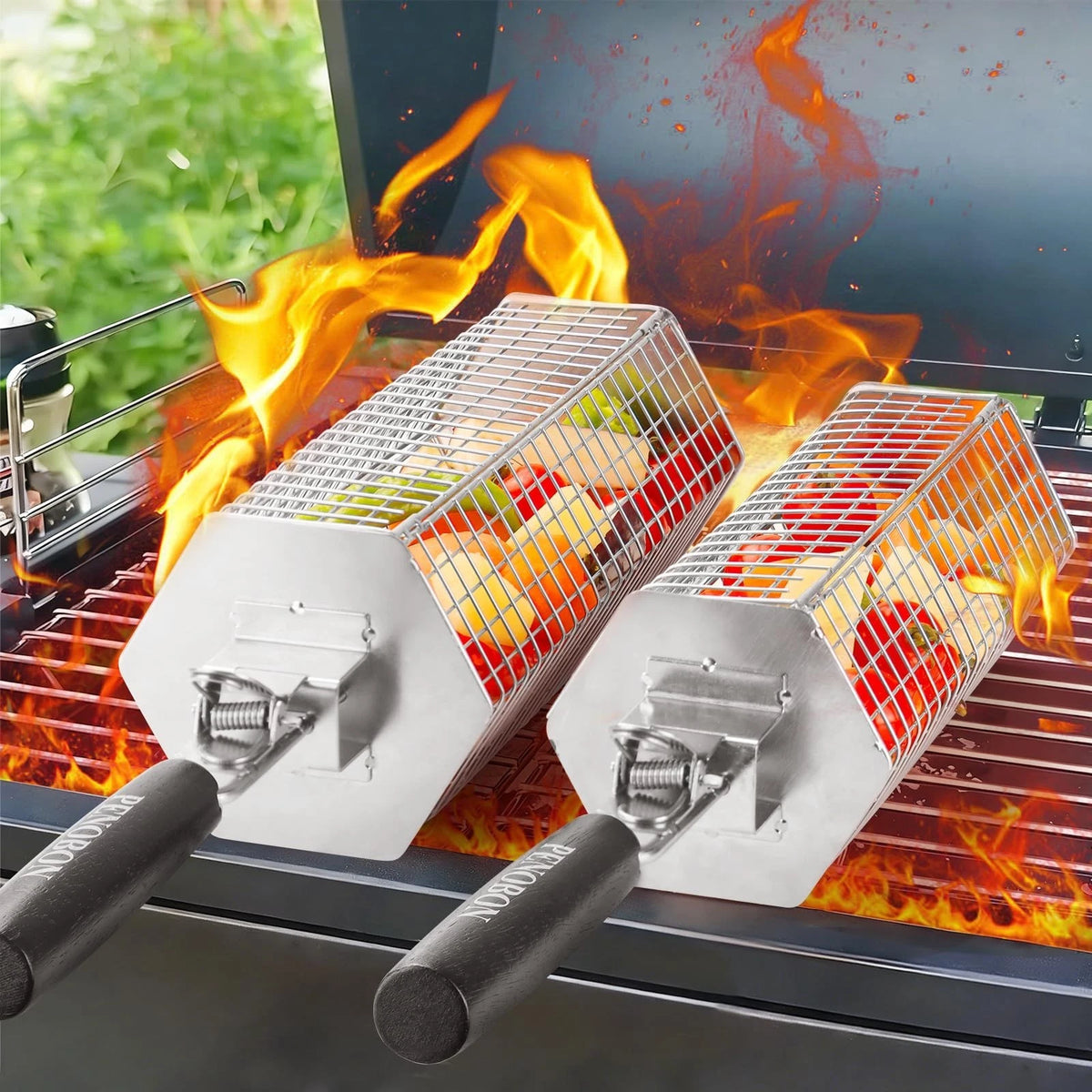 Hexagonal Rolling Grilling Basket Set, 2 PCS Stainless Steel BBQ Grill Basket...