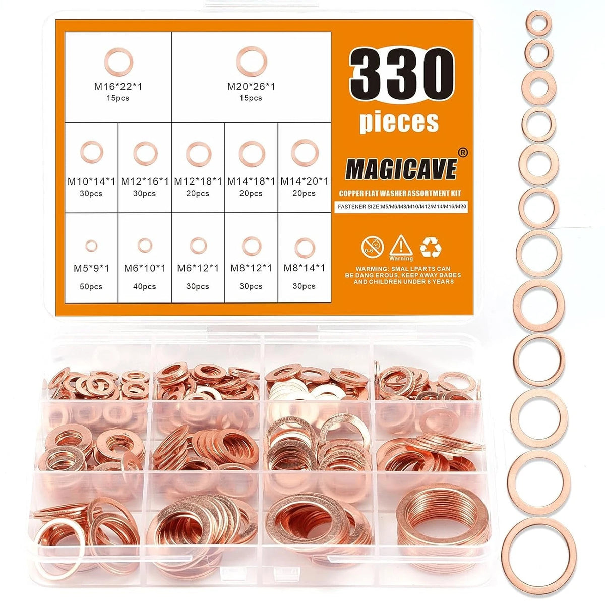 330PCS Copper Crush Washer Assortment Kit M5-M20 Metric Copper Sealing Washers f