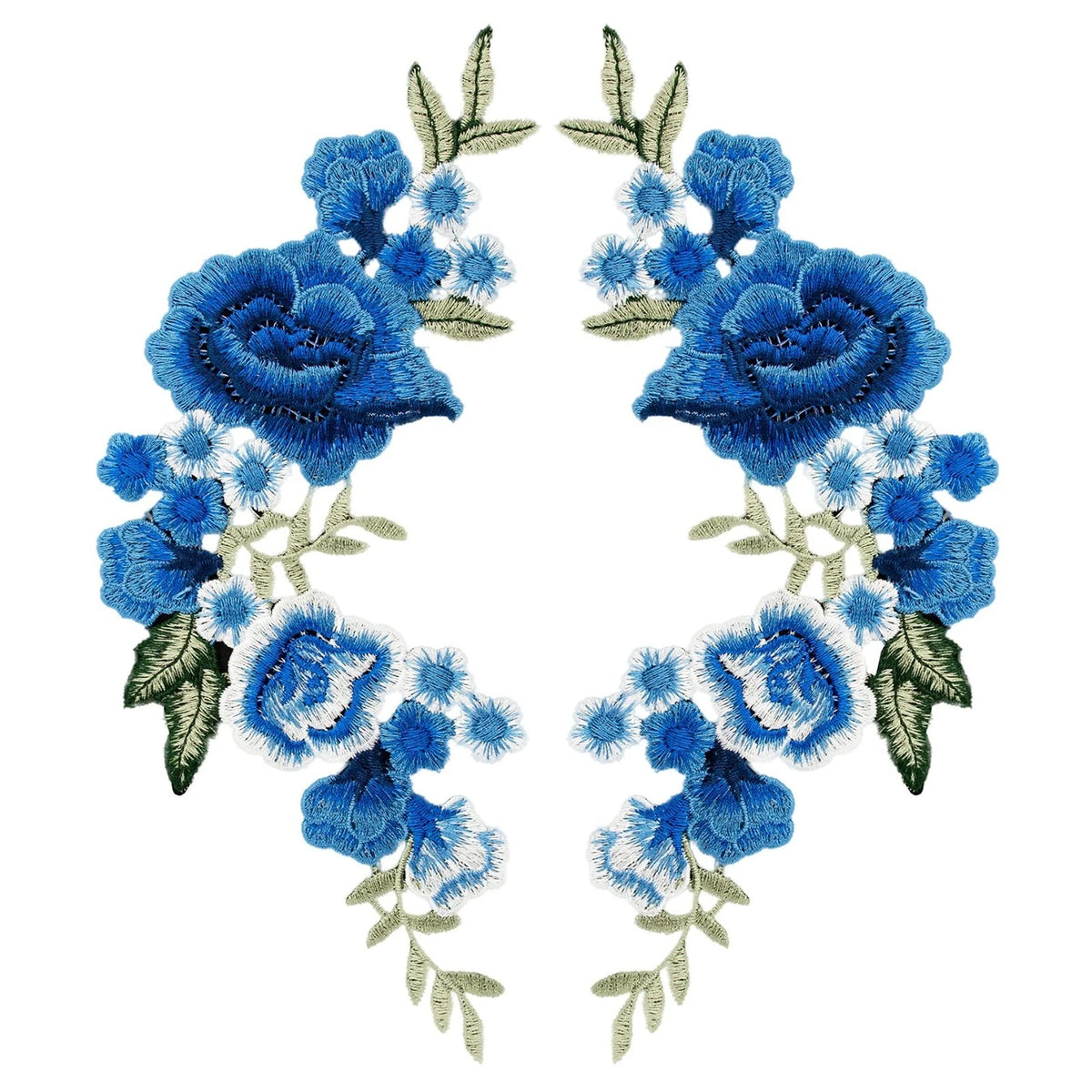 , 1 Pair Blue Rose Embroidery Patch Beautiful Flowers Embroidered Applique Patch