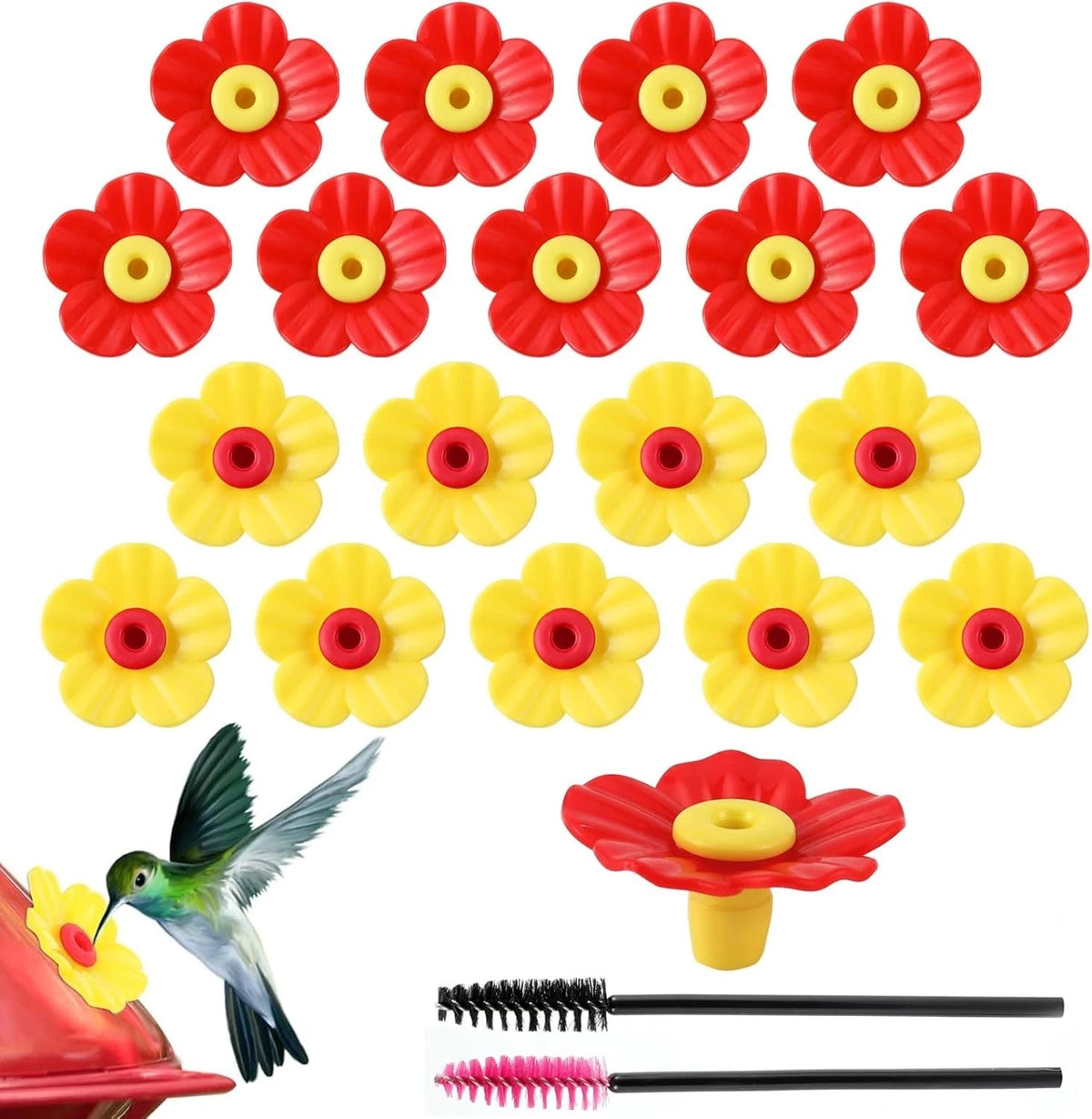 18Pcs Hummingbird Feeders Replacement Flowers, Pet Bird Feeder Red+Yellow