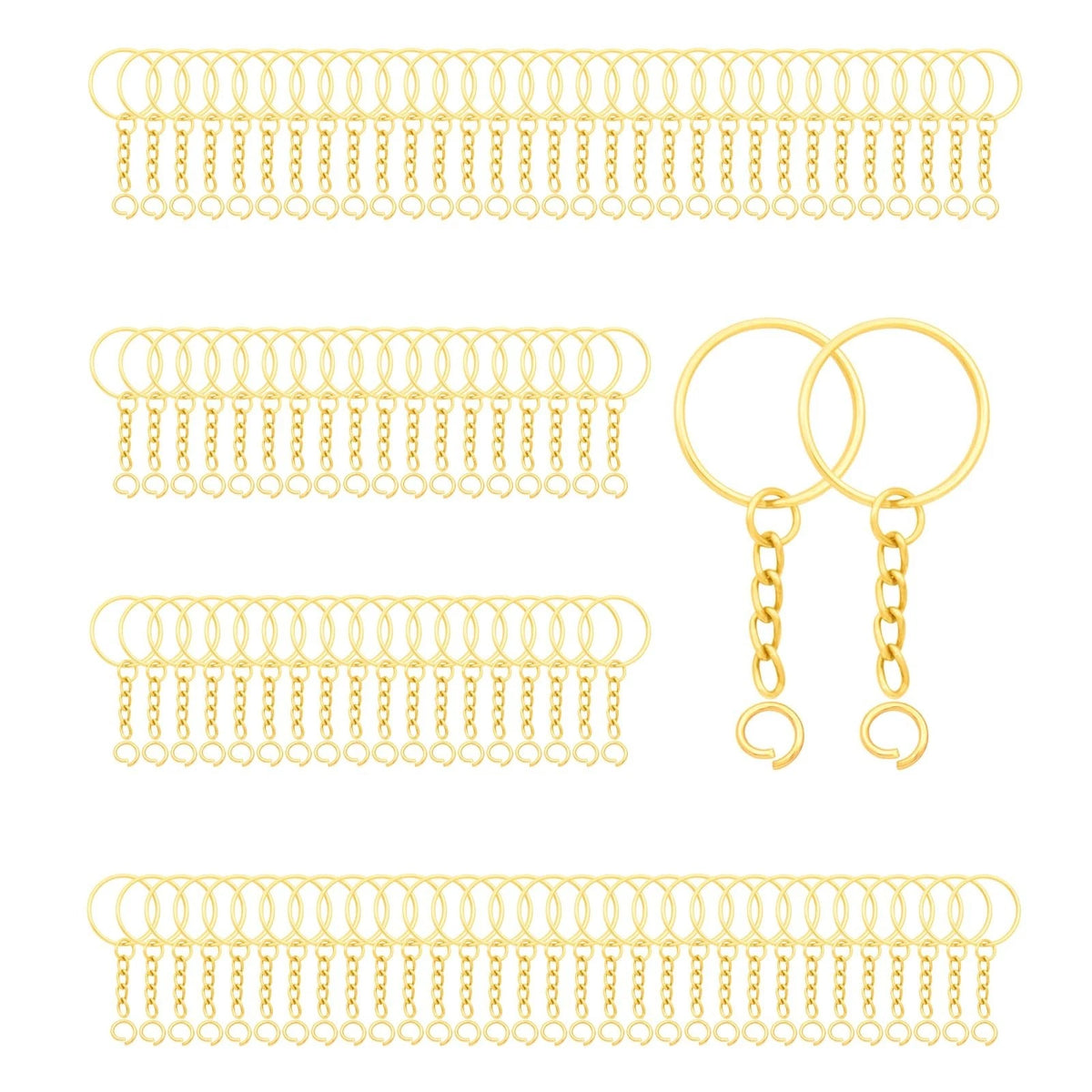 100Sets 1 Inch Keychain Rings Golden Split round Key Ring with Chain and Open Ju