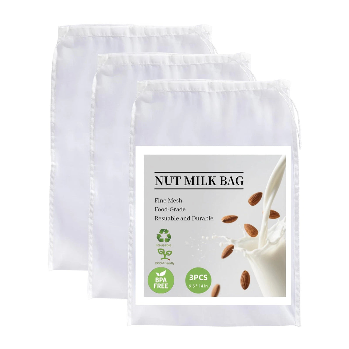 3 Pack Reusable Nut Milk Bag, Food-Grade Nylon Cheese Cloth Bag for Straining, S