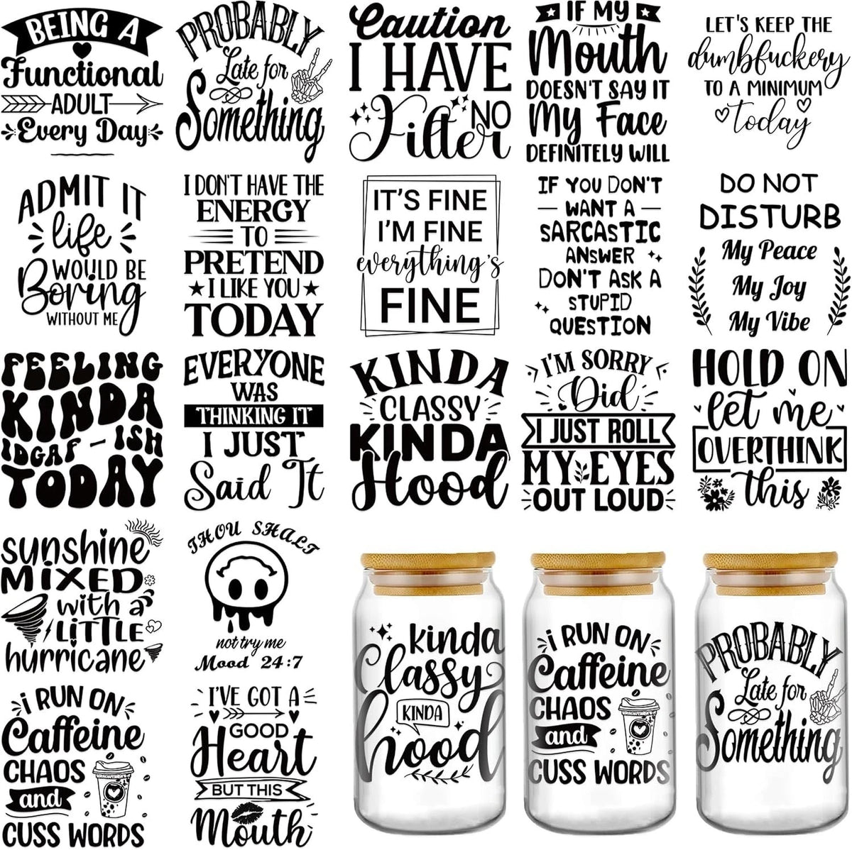UV DTF Cup Wraps - 20 Sheets Sarcastic Quotes UV DTF Cup Wraps for 16 oz Glas...