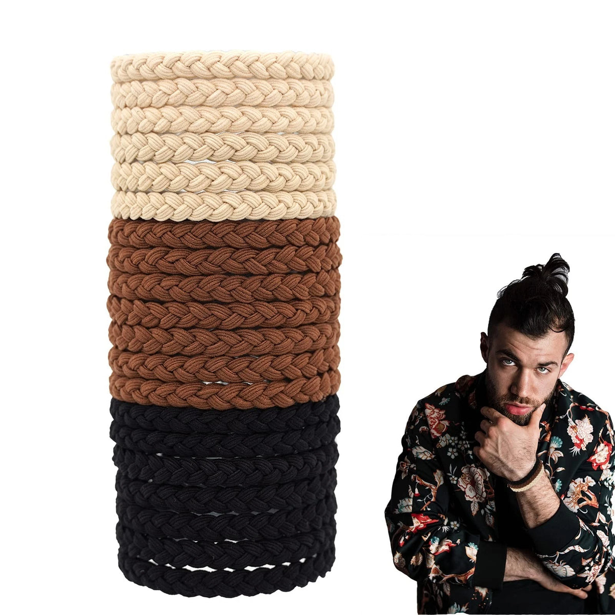 20-Piece Braided Hair Ties for Men - Elastic, No Damage, No Slip, No Rip - for C