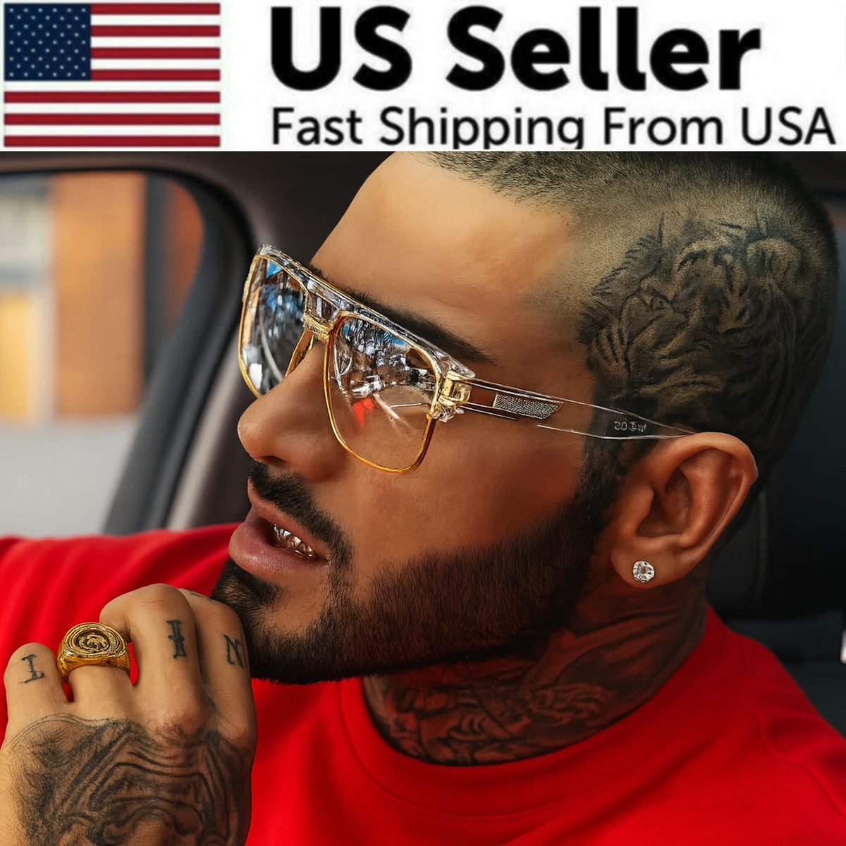 Men's Sunglasses Designer Fashion Square Clear Gold Frame Clear Lens Style W/Box