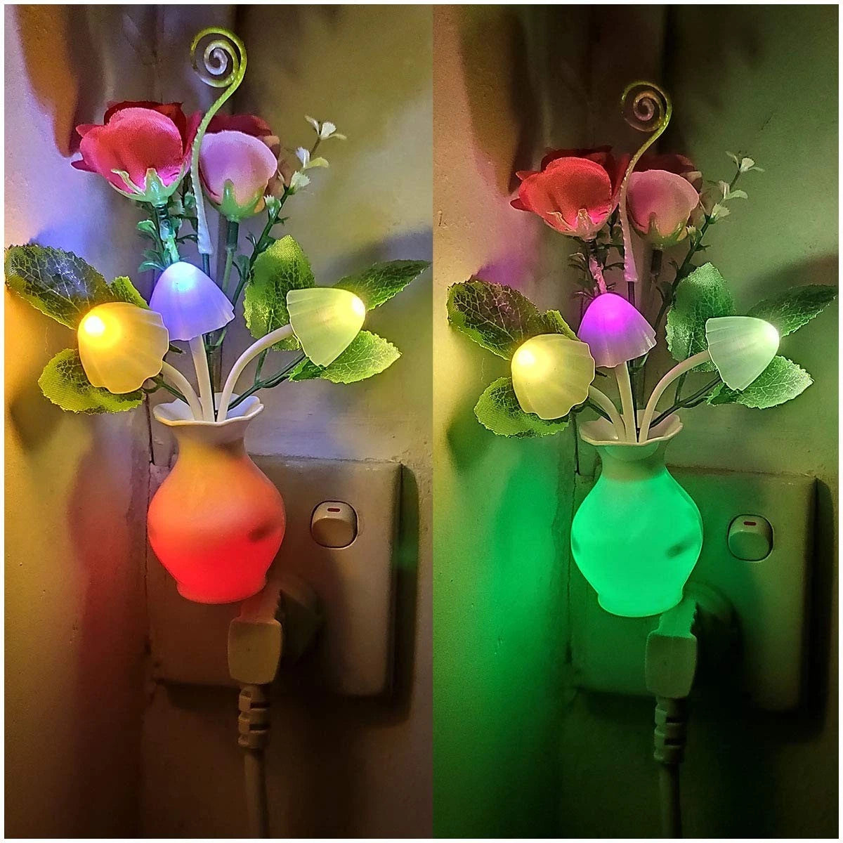 2 Pack Plug In LED Night Lights Rose Flower Mushroom Auto Dusk to Dawn Sensor
