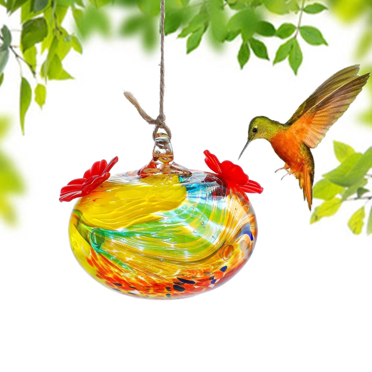 Hand Blown Glass Hummingbird Feeders for Outdoors Glass with 2 Feeding Ports Lea