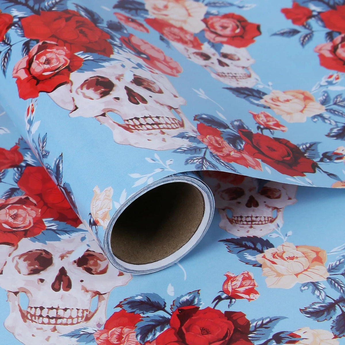 Blue Skull Floral Wrapping Paper Roll 17 in x10ft, Horror Gothic Gift Wrap Paper