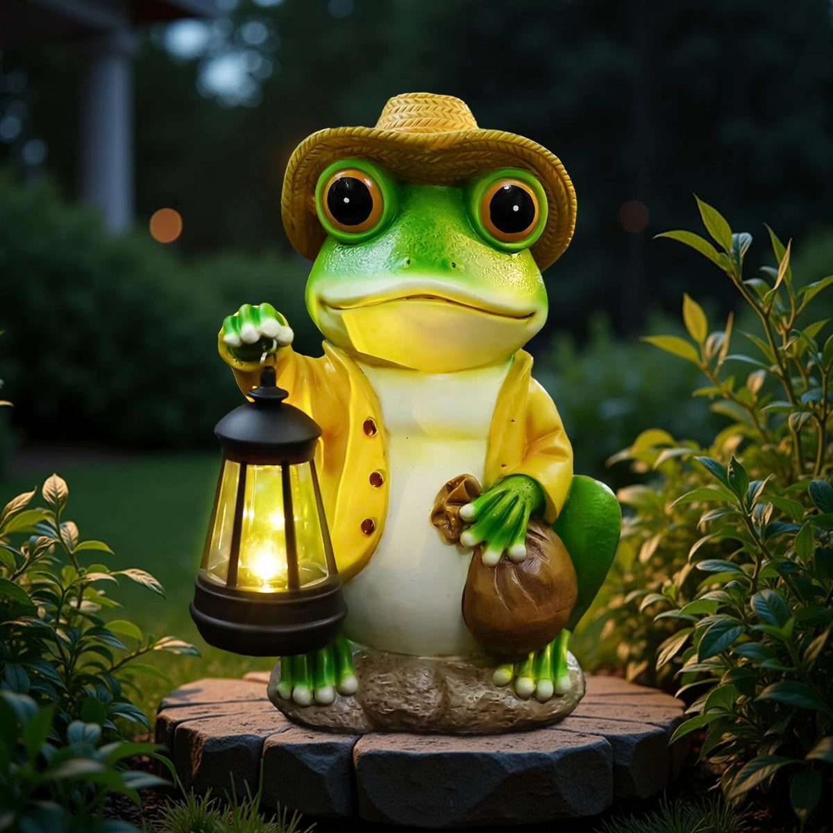 Solar Garden Outdoor Frog Statue 10 inches Tall with Handheld Lanterns Deta...