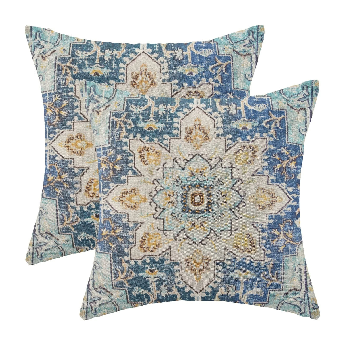 Boho Pillow Covers 18x18 Set of 2, Blue Yellow Carpet Pattern Decorative Throw P