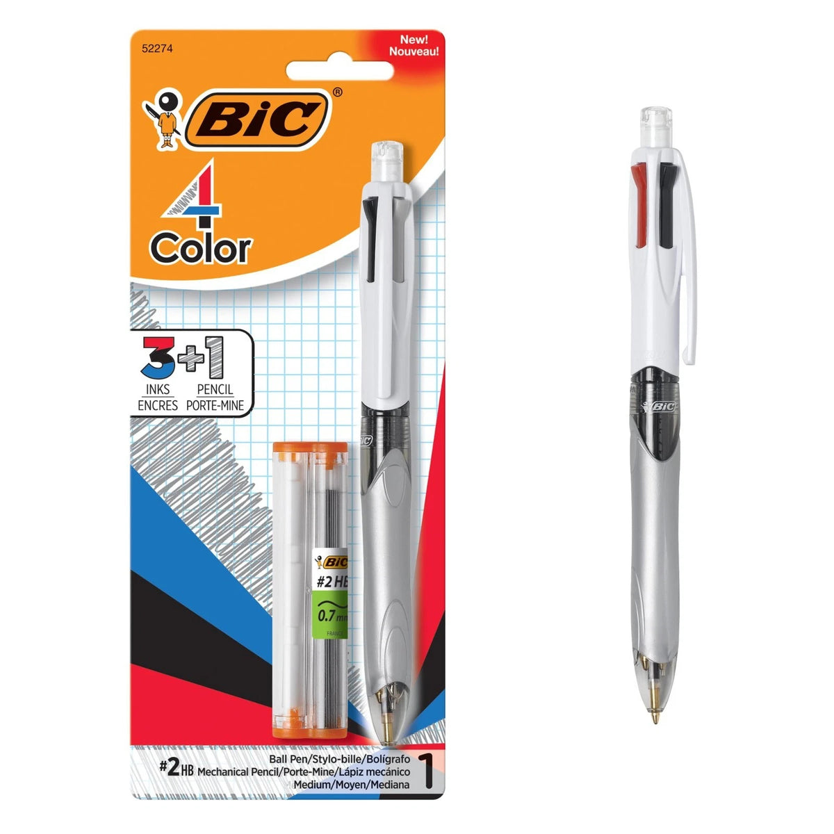4 Color 3+1 Retractable Ballpoint Pen with Red Red, Blue, Black Ink Pencil + Pen
