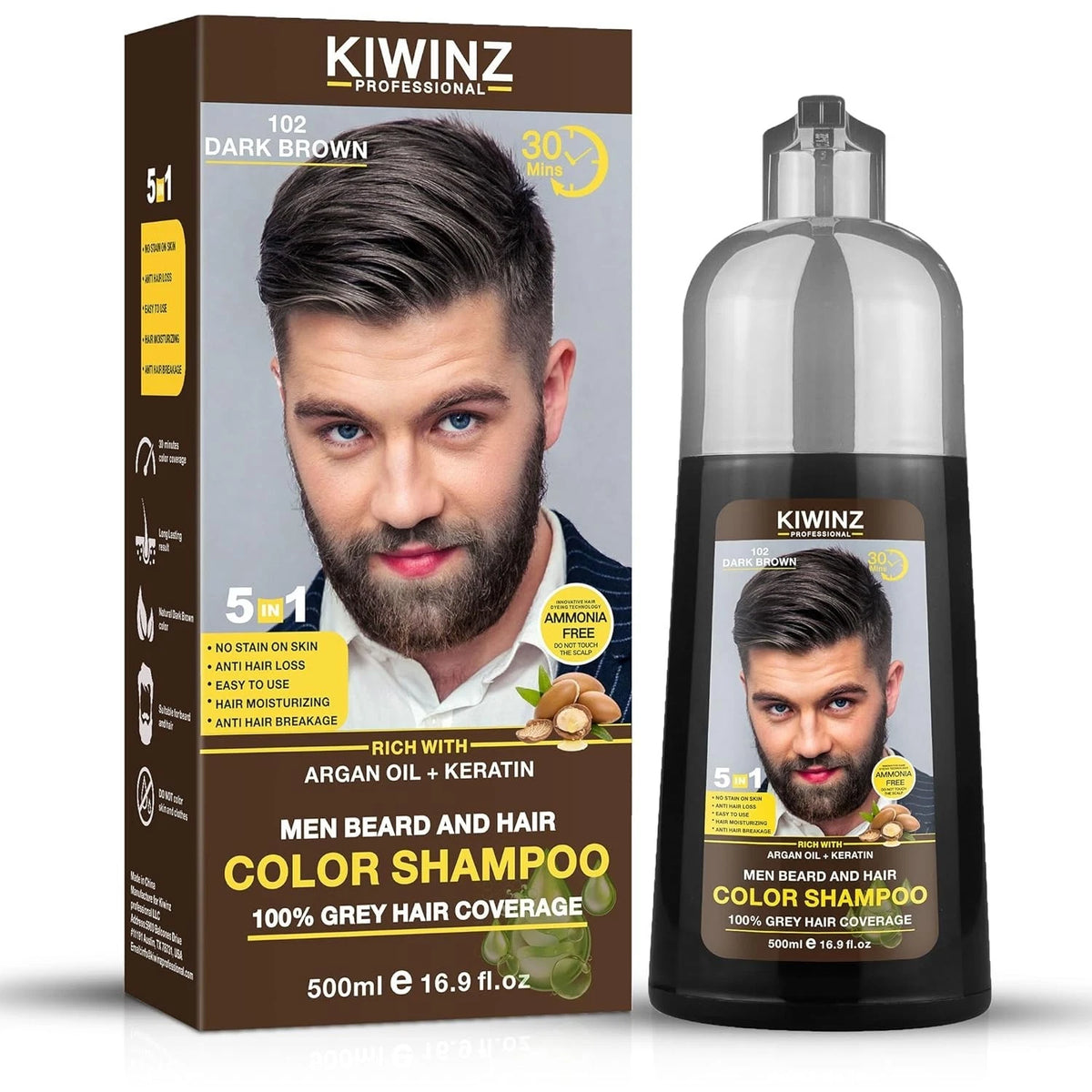 Kiwinz Professional Dark Brown Hair Color Shampoo for Men – 5 in 1 Hair Dye