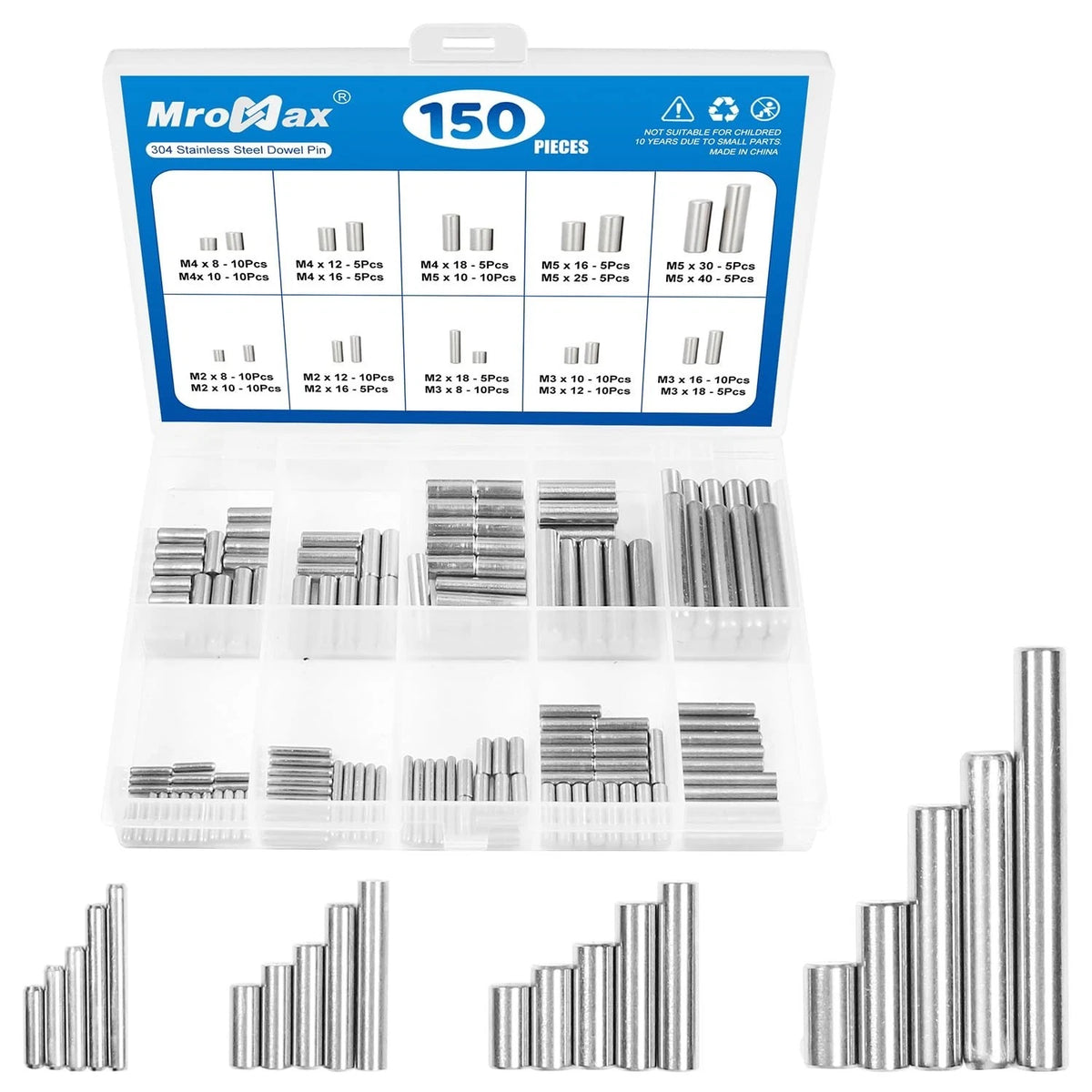 150 Pcs 304 Stainless Steel Dowel Pins Kit 20 Sizes M2 M3 M4 M5 Shelf Pegs Rod