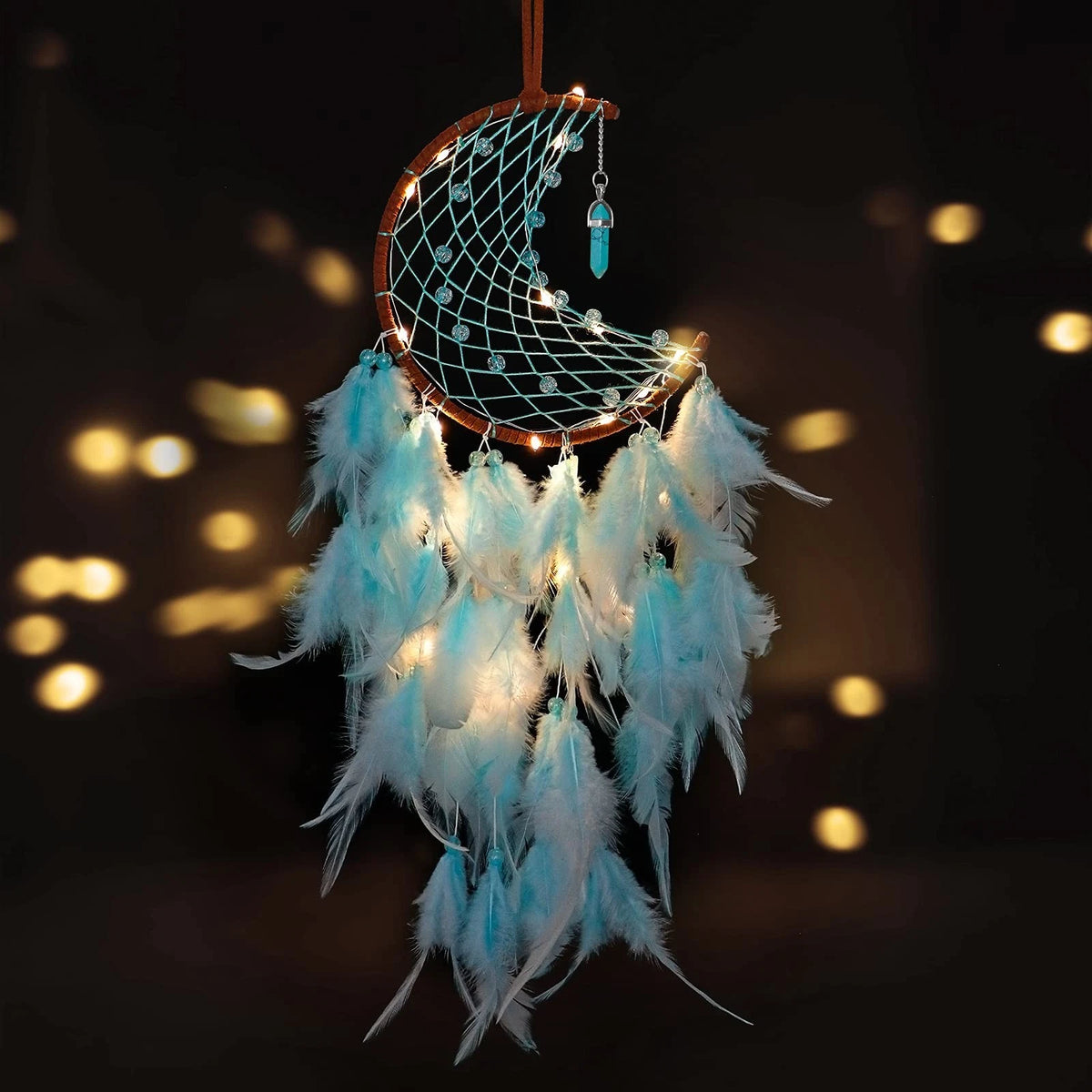 Moon Dream Catcher with Fairy Lights-Handmade Feather Lucky Turquoise Pendant Be